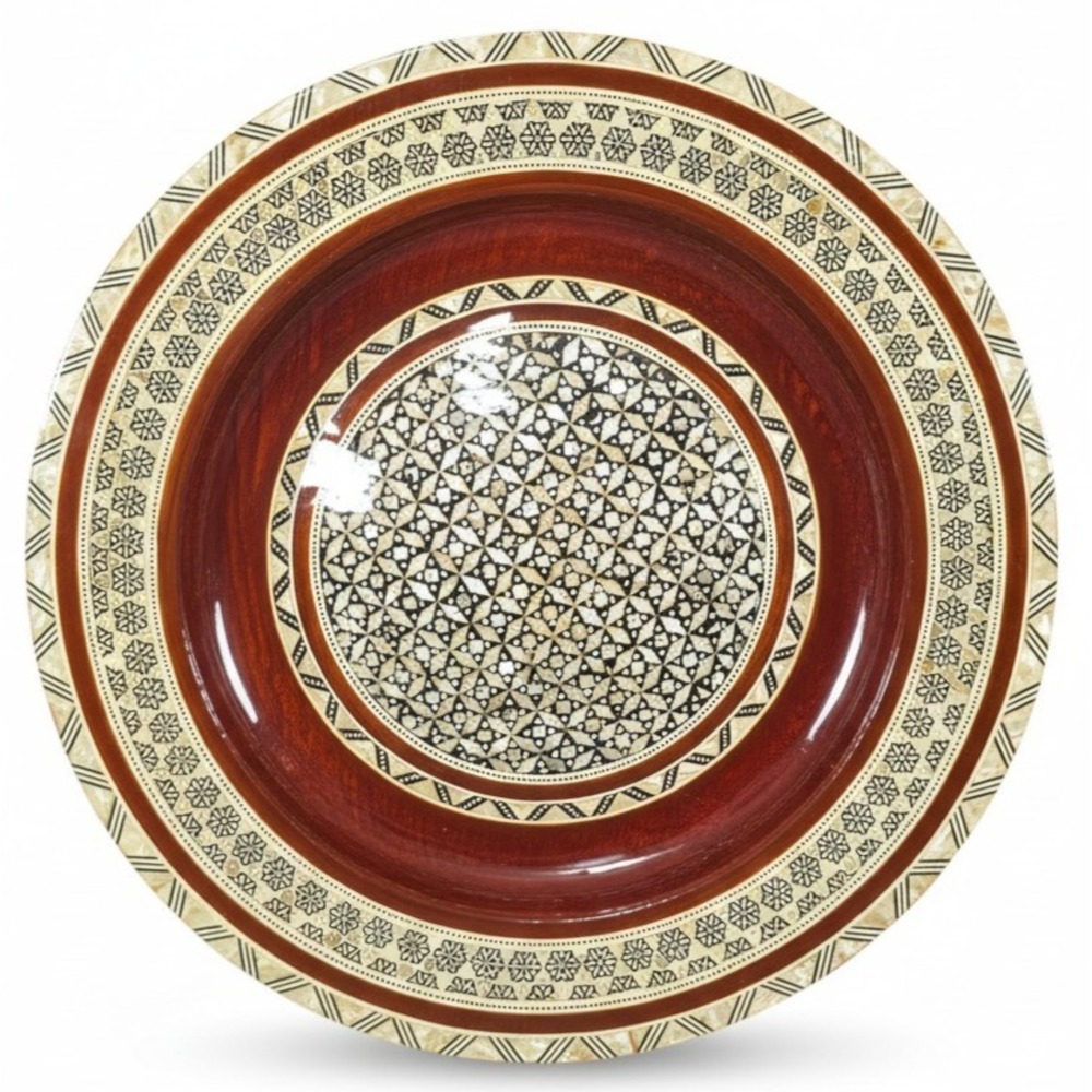 Egyptian Mother of Pearl Inlay Wood Plate 12.25"Vintage Mosaic Wall Art Dish